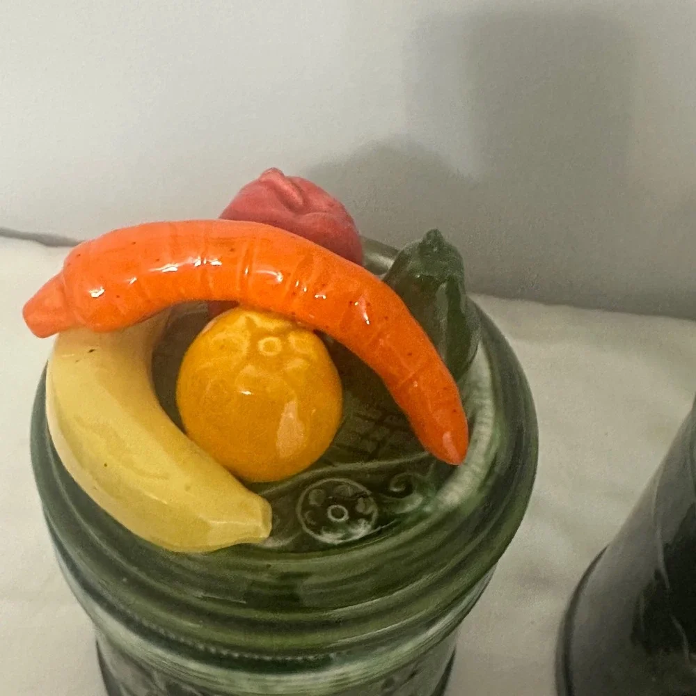 Vintage Fruit Lid Ceramic Canister Avacado Green Tea Flour Jars Good Retro MCM